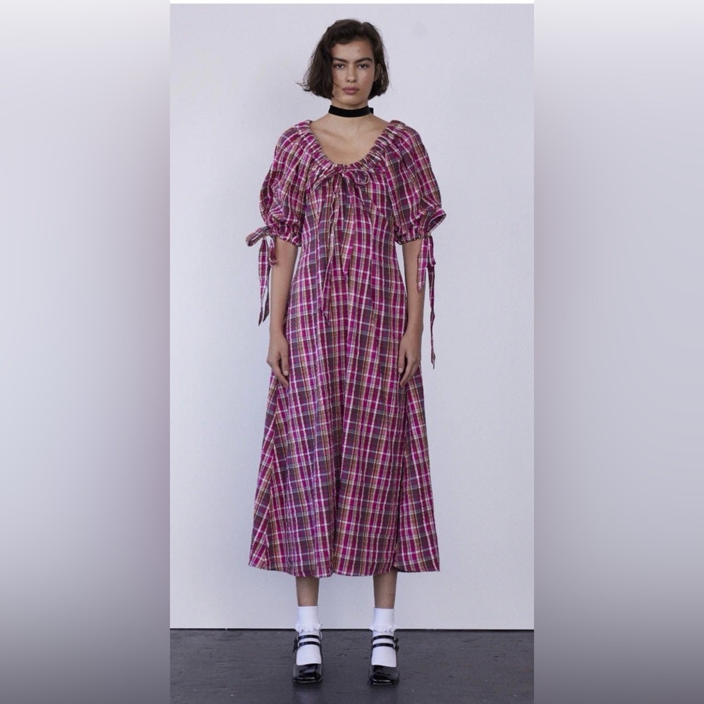 Damson Madder Cassandra Bow Midi Dress size UK 12/ US 8 plaid puff bow sleeves